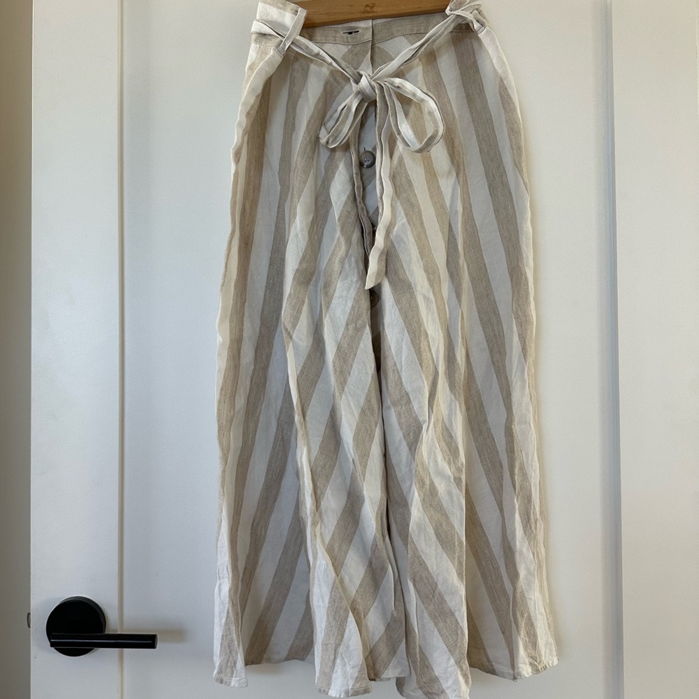 Saks Fifth Avenue Tan White Stripe Belted A-Line Button Front Midi Skirt